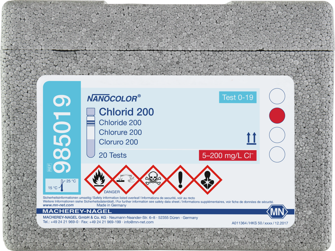 Rugged box with 20 test tubes. Sufficient for 20 tests.