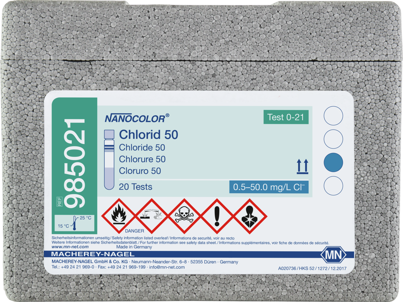 Rugged box with 20 test tubes. Sufficient for 20 tests.