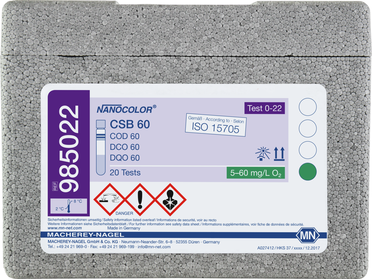Rugged box with 20 test tubes. Sufficient for 20 tests.