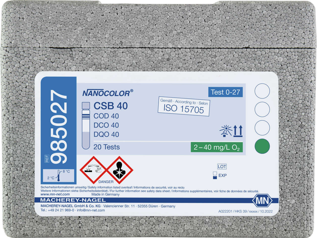 Rugged box with 20 test tubes. Sufficient for 20 tests.