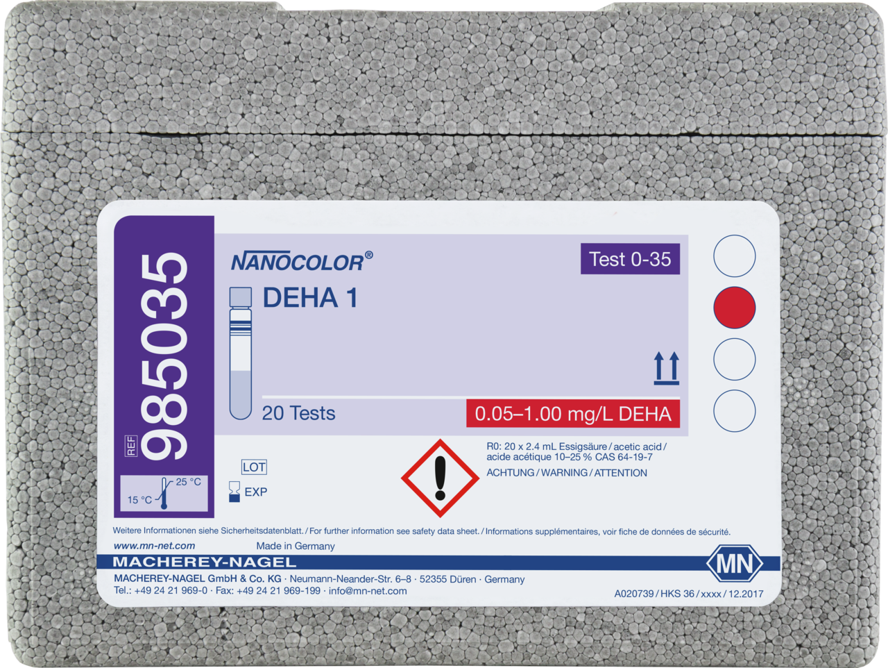 Rugged box with 20 test tubes. Sufficient for 20 tests.