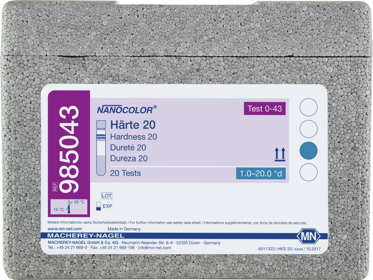 Rugged box with 20 test tubes. Sufficient for 20 tests.