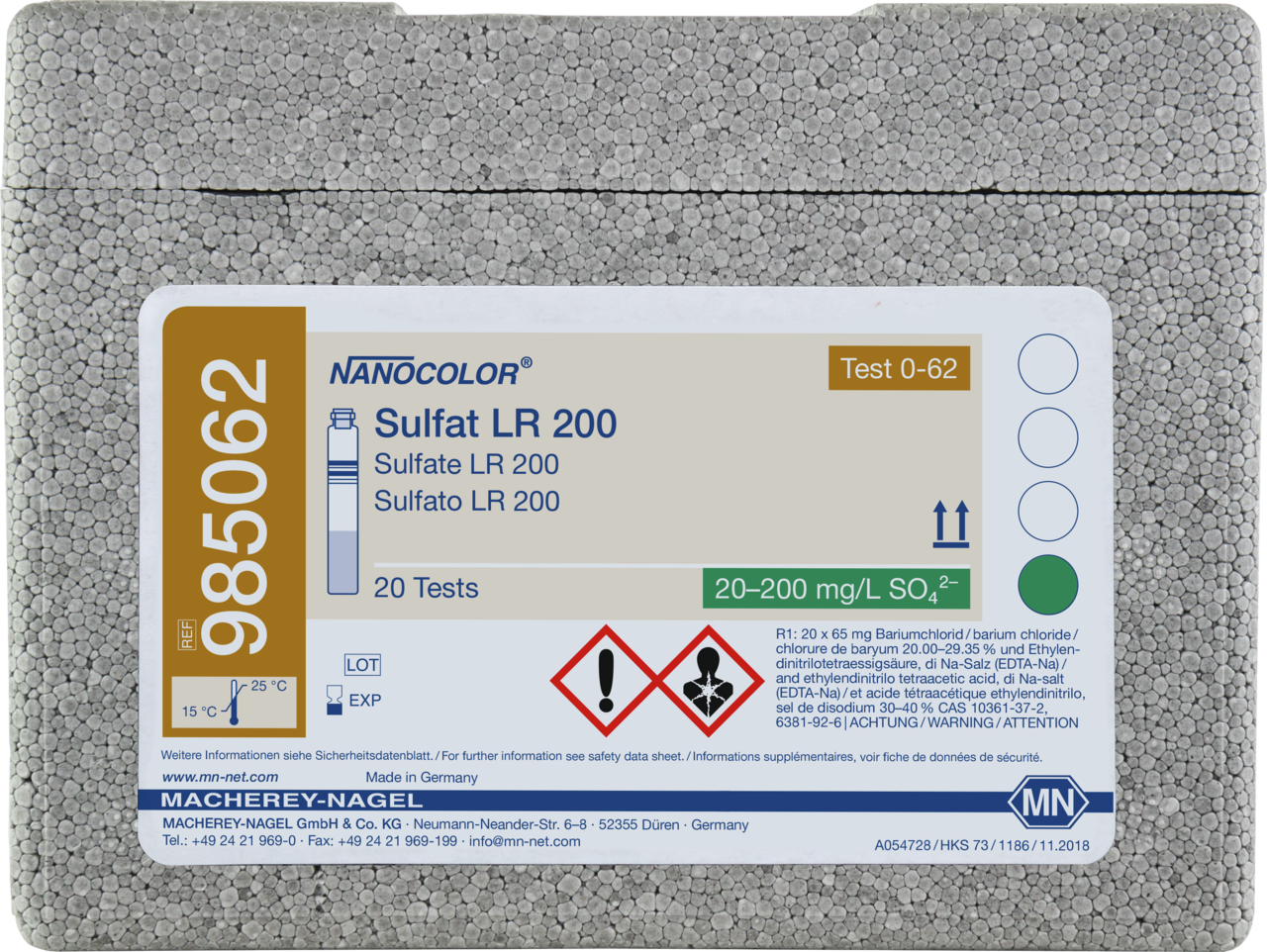 Rugged box with 20 test tubes. Sufficient for 20 tests.