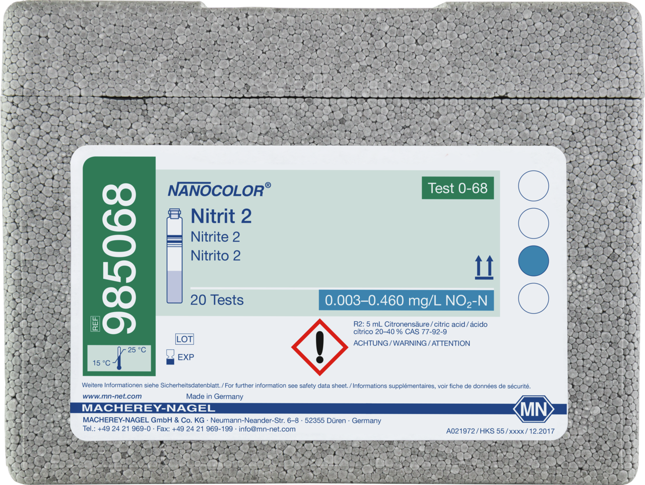 Rugged box with 20 test tubes. Sufficient for 20 tests.