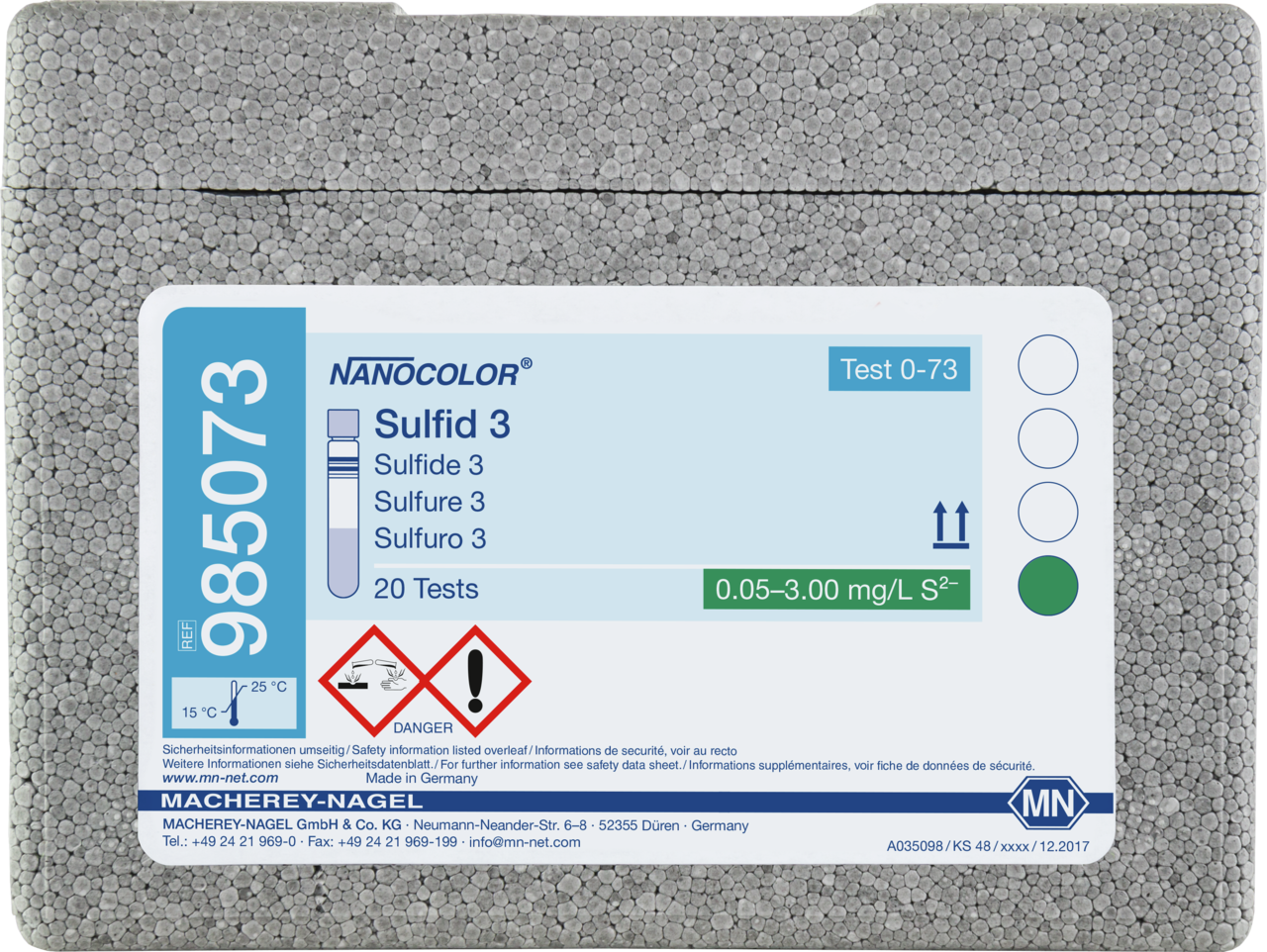 Rugged box with 20 test tubes. Sufficient for 20 tests.