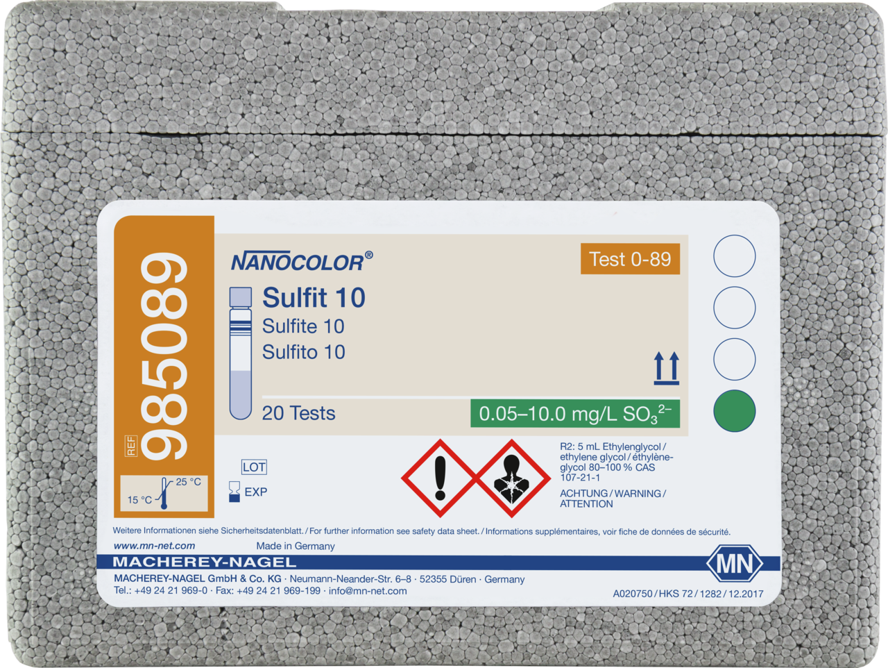 Rugged box with 20 test tubes. Sufficient for 20 tests.