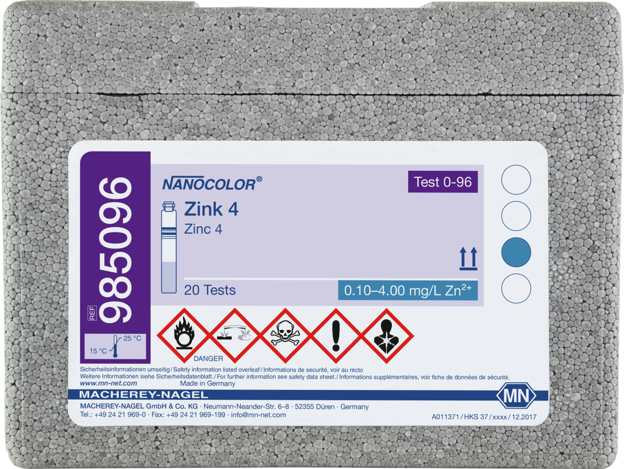 Rugged box with 20 test tubes. Sufficient for 20 tests.